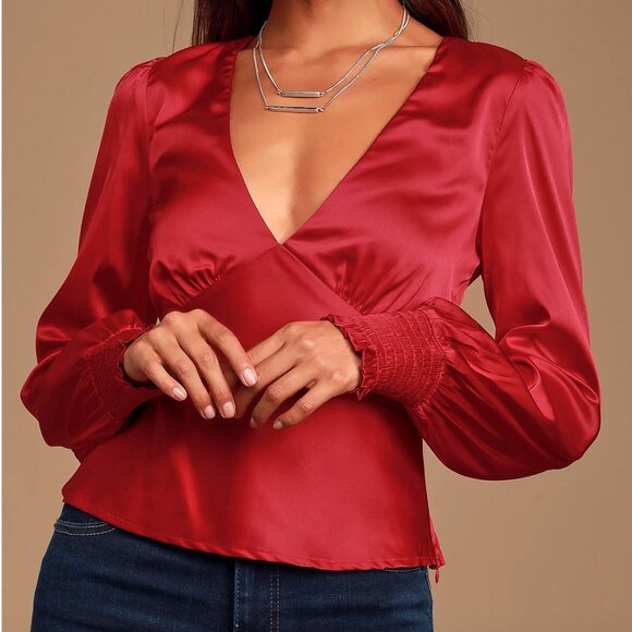 Lulus Head Held High Red Satin Long Sleeve Blouse Top | Size Small NWT - Picture 2 of 16